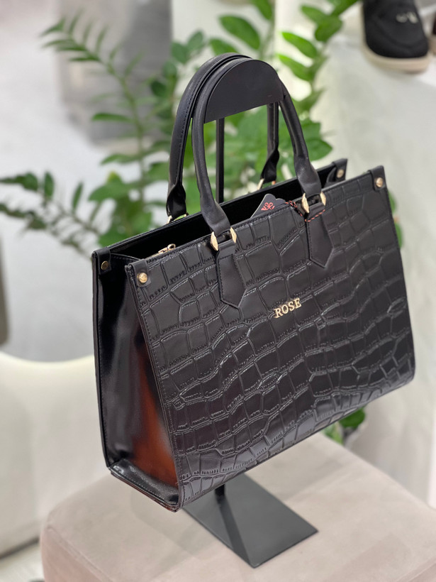 کیف زنانه اداری مشکی طرح چرم سنگی